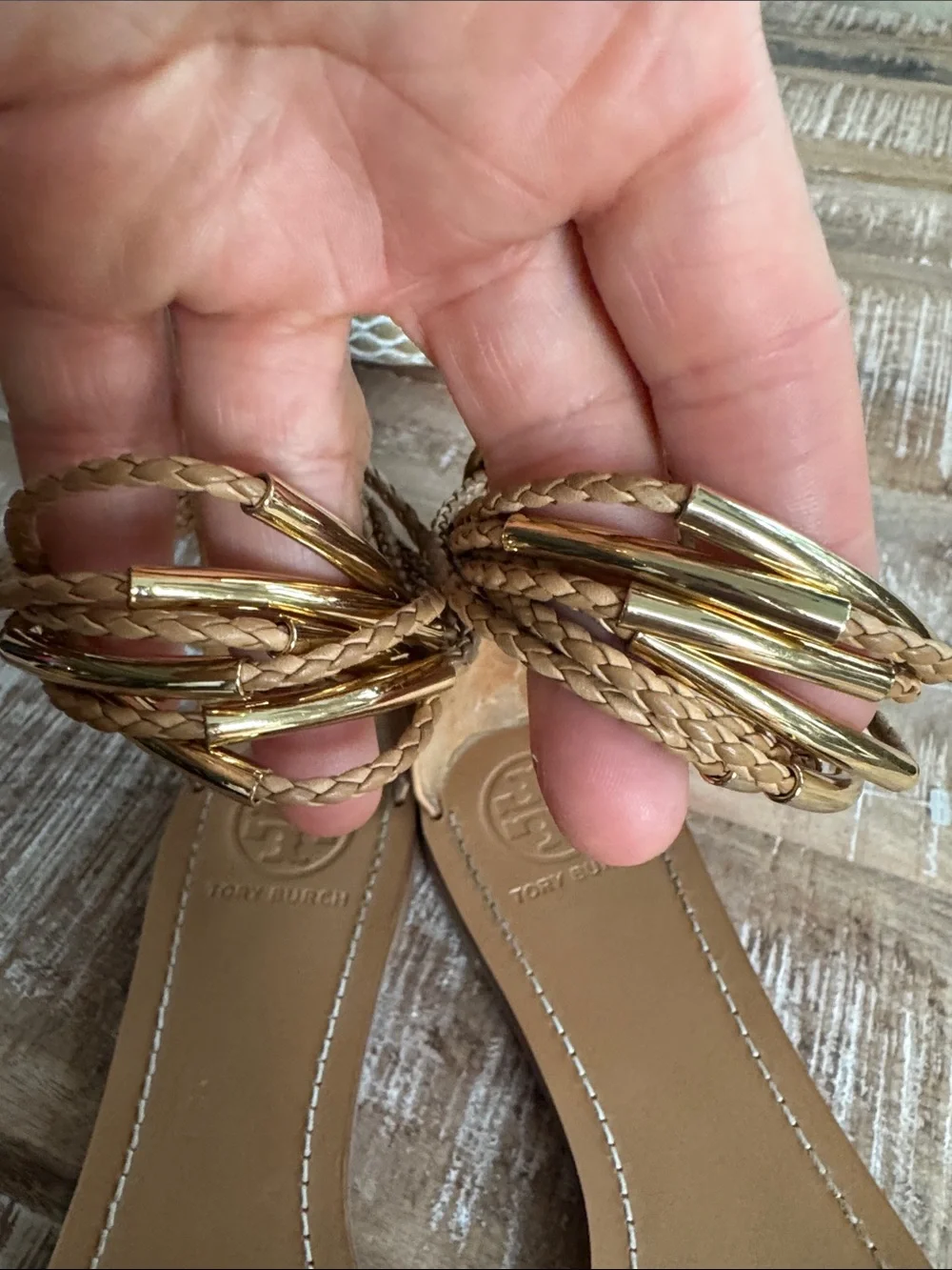 Tory Burch Tan Leather Mignon Braided Flat Sandals Size 9